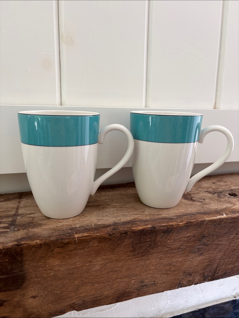 Kate Spade/Lenox White Mugs with Teal Band -Set of 2-Rutherford Circle Turquoise